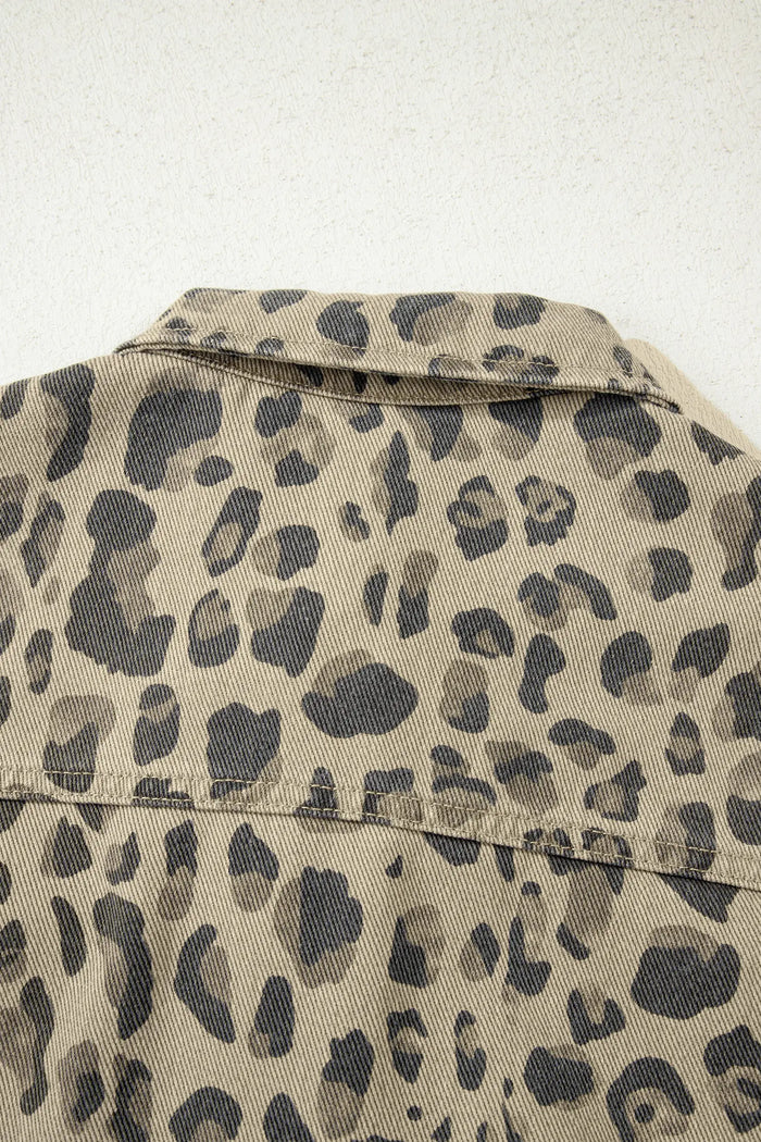 Retro Leopard Print Seam Detail Button Down Denim Jacket – Khaki