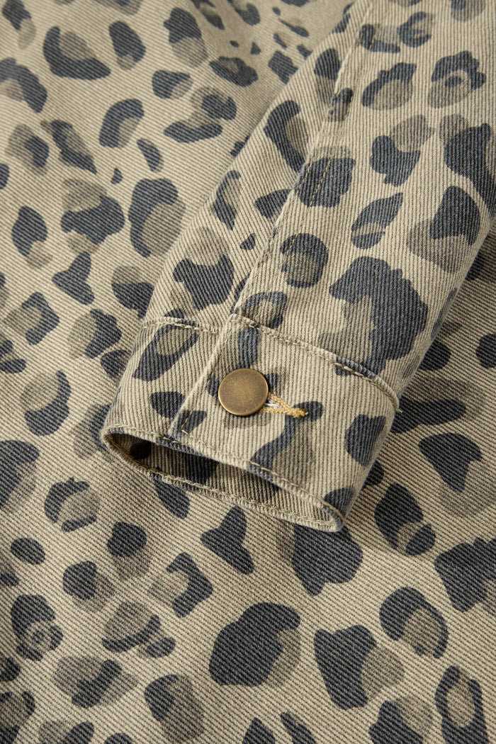 Retro Leopard Print Seam Detail Button Down Denim Jacket – Khaki