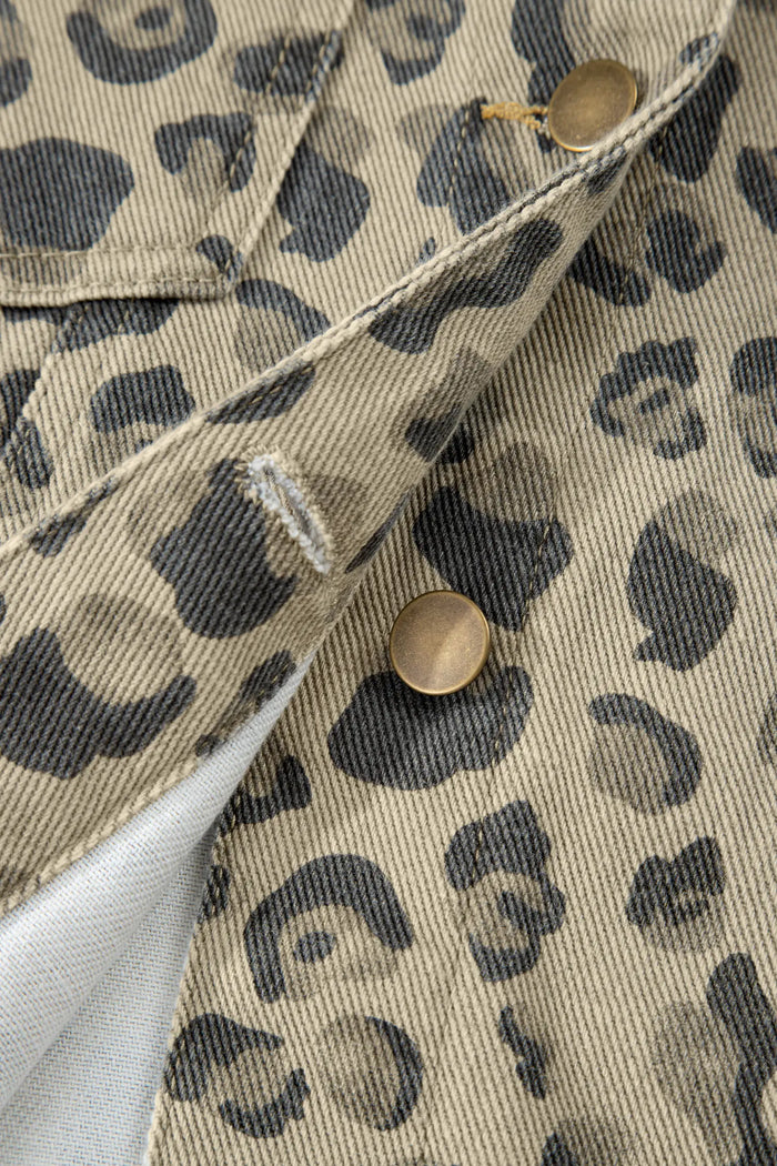Retro Leopard Print Seam Detail Button Down Denim Jacket – Khaki