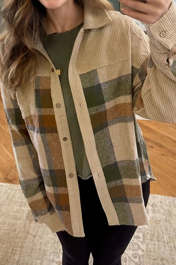 Retro Plaid Corduroy Patchwork Shacket – Parchment