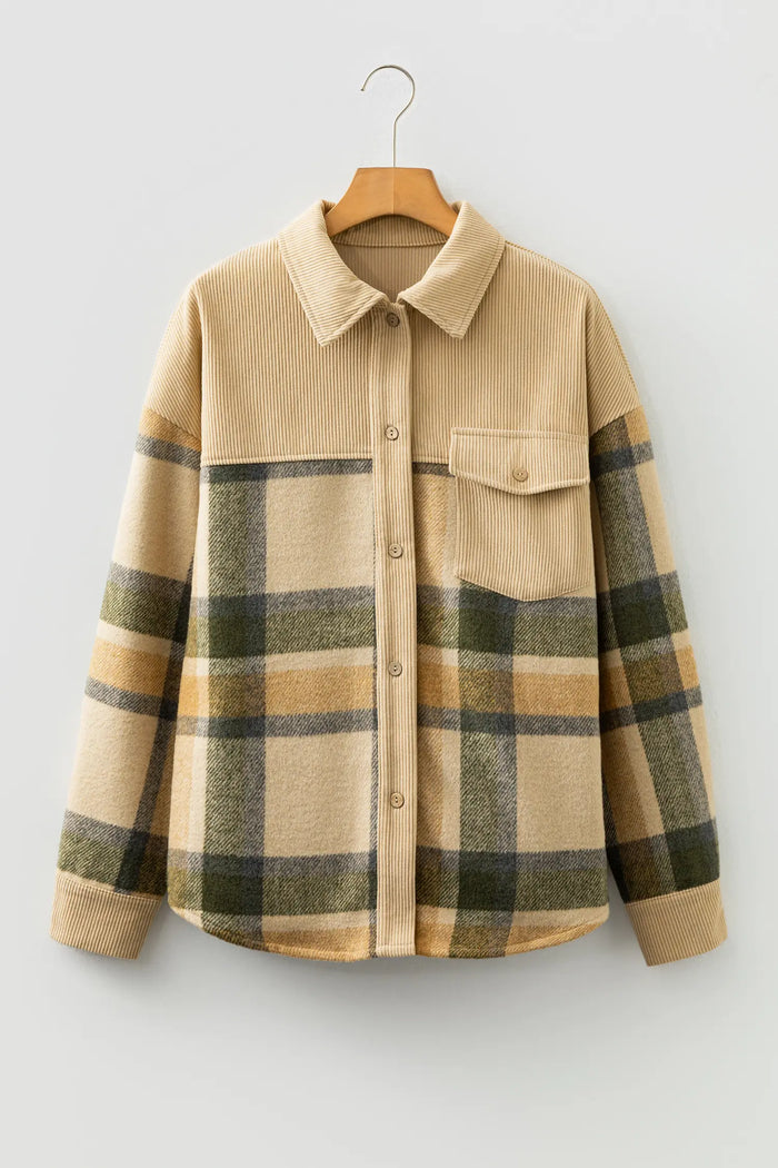 Retro Plaid Corduroy Patchwork Shacket – Parchment