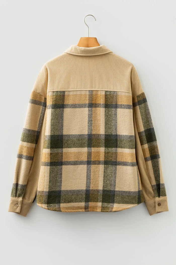 Retro Plaid Corduroy Patchwork Shacket – Parchment