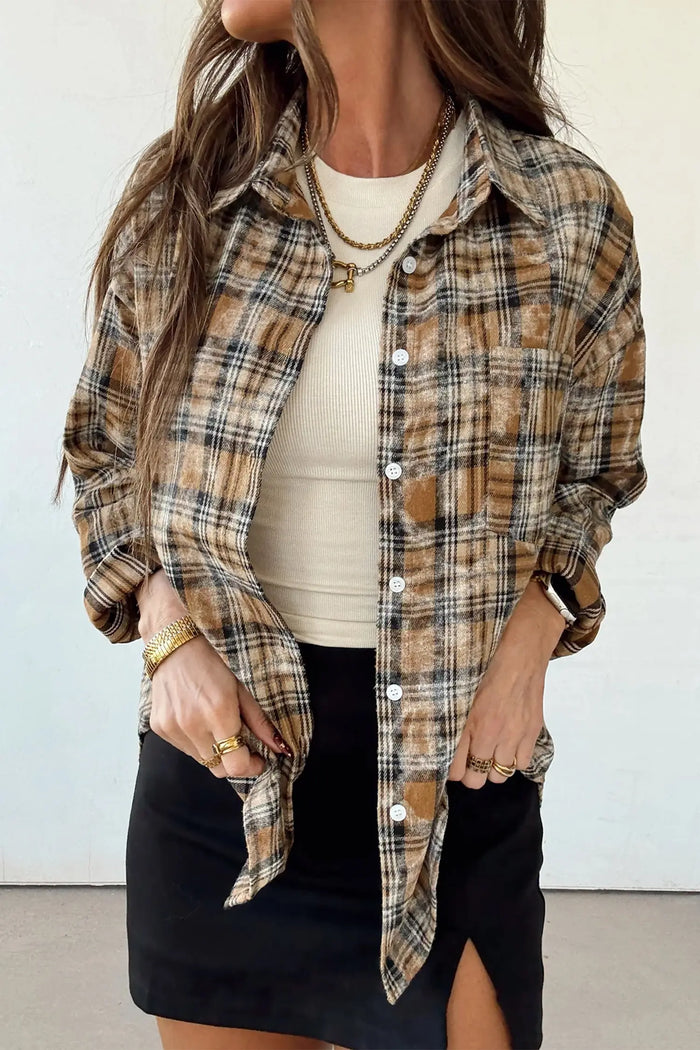Retro Plaid Long Sleeve Button Down Shirt – Brown