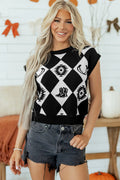 Retro Rhombus Western Print Drop Shoulder Short Sleeve Sweater – Black
