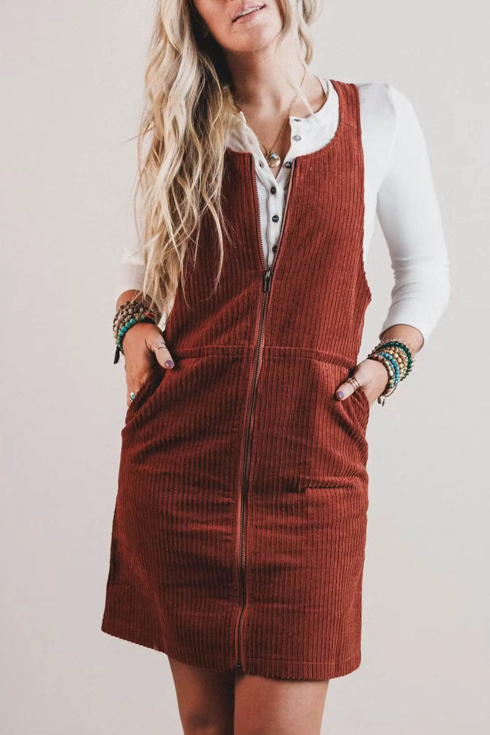 Ribbed Corduroy Zip-Up Sleeveless Pocket Sheath Dress – Clay
