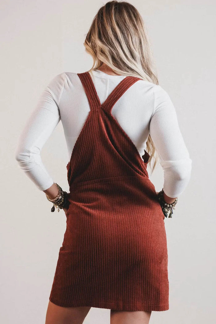 Ribbed Corduroy Zip-Up Sleeveless Pocket Sheath Dress – Clay