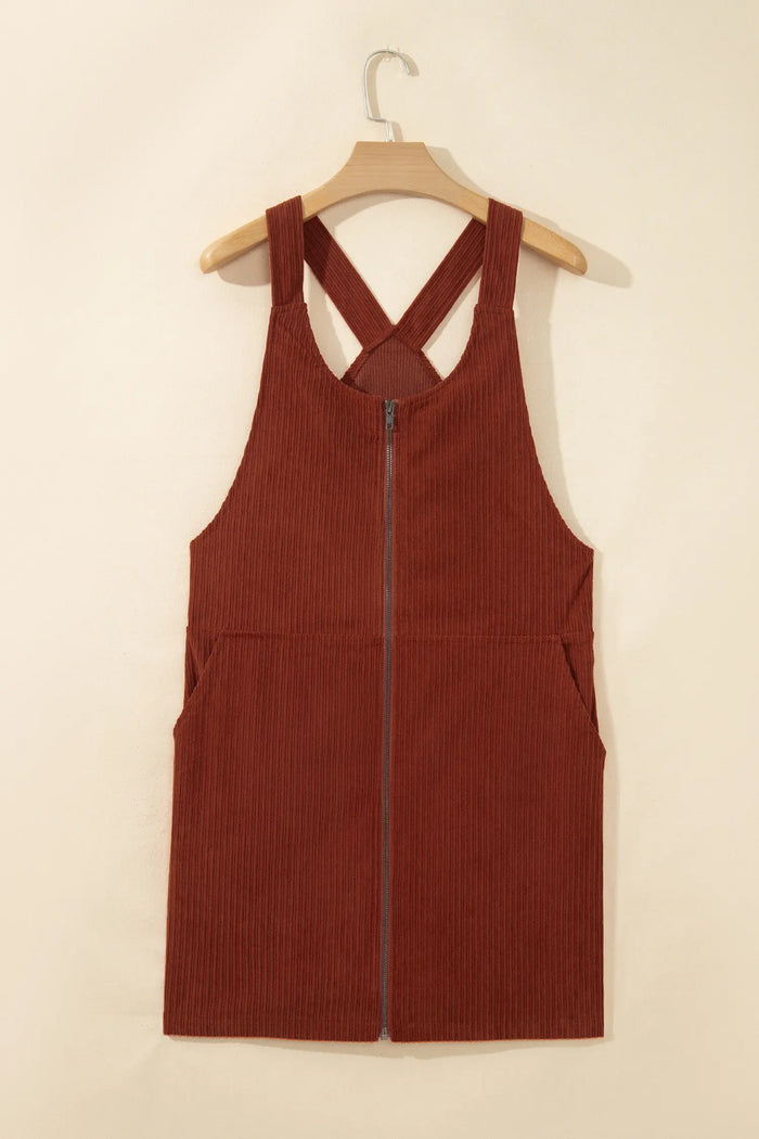 Ribbed Corduroy Zip-Up Sleeveless Pocket Sheath Dress – Clay