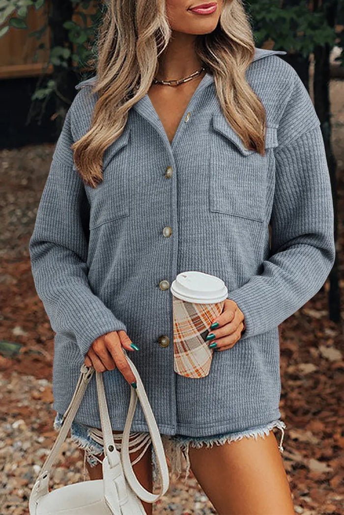 Ribbed Knit Buttons Front Flap Pocket Casual Shacket – Medium Grey