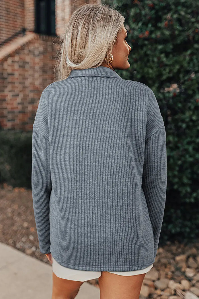 Ribbed Knit Buttons Front Flap Pocket Casual Shacket – Medium Grey