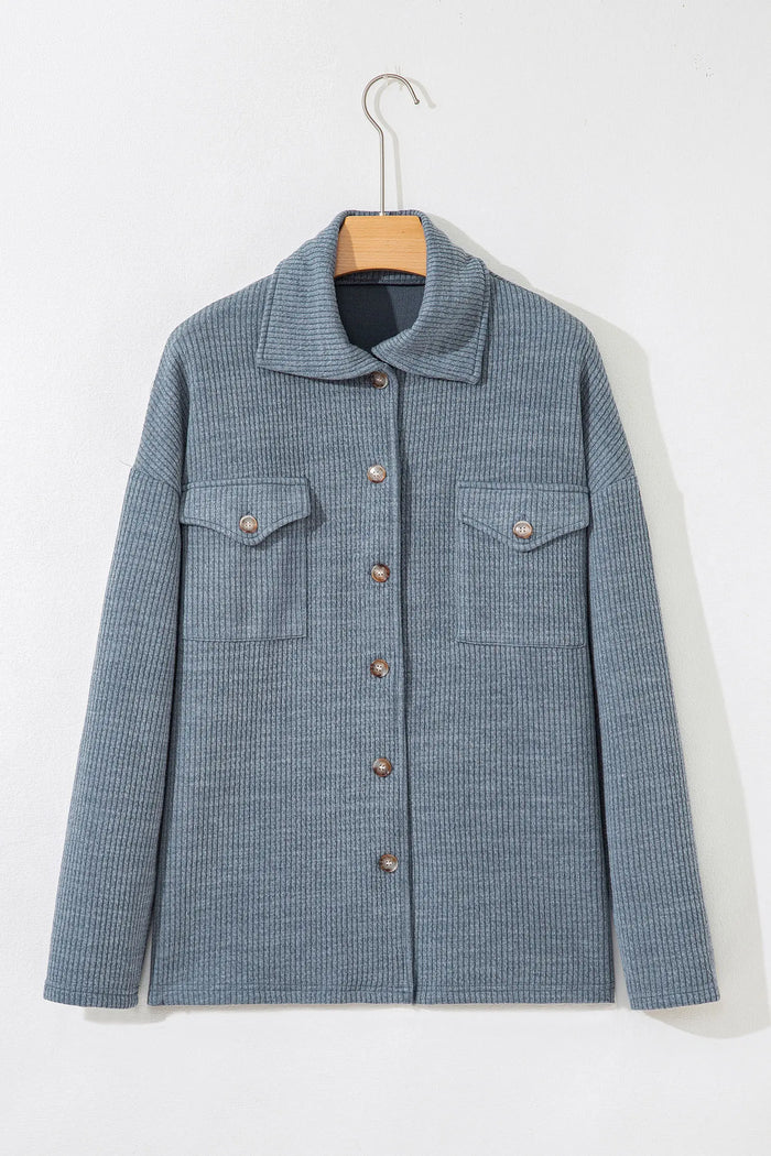 Ribbed Knit Buttons Front Flap Pocket Casual Shacket – Medium Grey