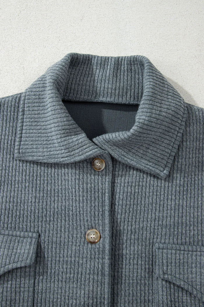 Ribbed Knit Buttons Front Flap Pocket Casual Shacket – Medium Grey