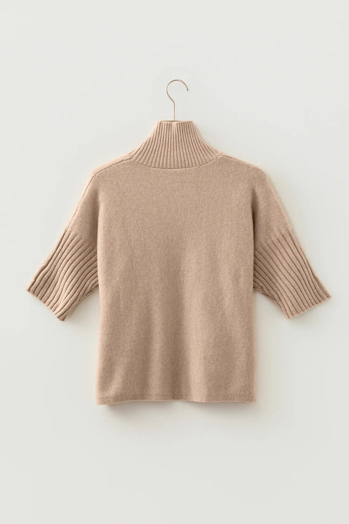 Ribbed Trim High Neck Short Sleeve Casual Sweater – Beige