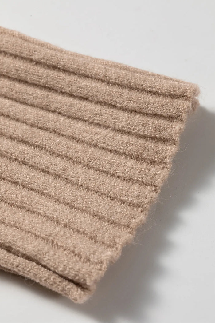 Ribbed Trim High Neck Short Sleeve Casual Sweater – Beige