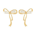 Gold-tone ribbon-shaped drop earrings featuring faux pearl accents on a white background from The Pink Doxie Boutique.