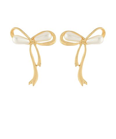 Gold-tone ribbon-shaped drop earrings featuring faux pearl accents on a white background from The Pink Doxie Boutique.