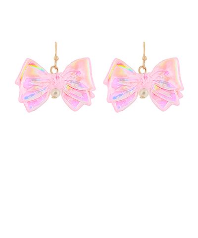 Acrylic pink ribbon bow earrings with faux pearl accent and fish hook closure from The Pink Doxie Boutique.