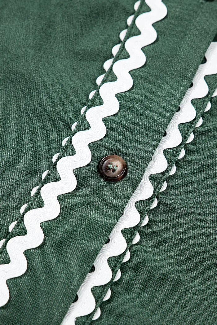 Contrast Ricrac Trim Button V-Neck Knotted Bracelet Sleeve Shift Dress - Dresses/Mini Dresses