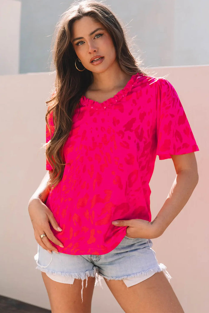 Rose Leopard Frilly V Neck Short Sleeve Blouse - S / 95% Polyester + 5% Elastane - Tops/Blouses & Shirts