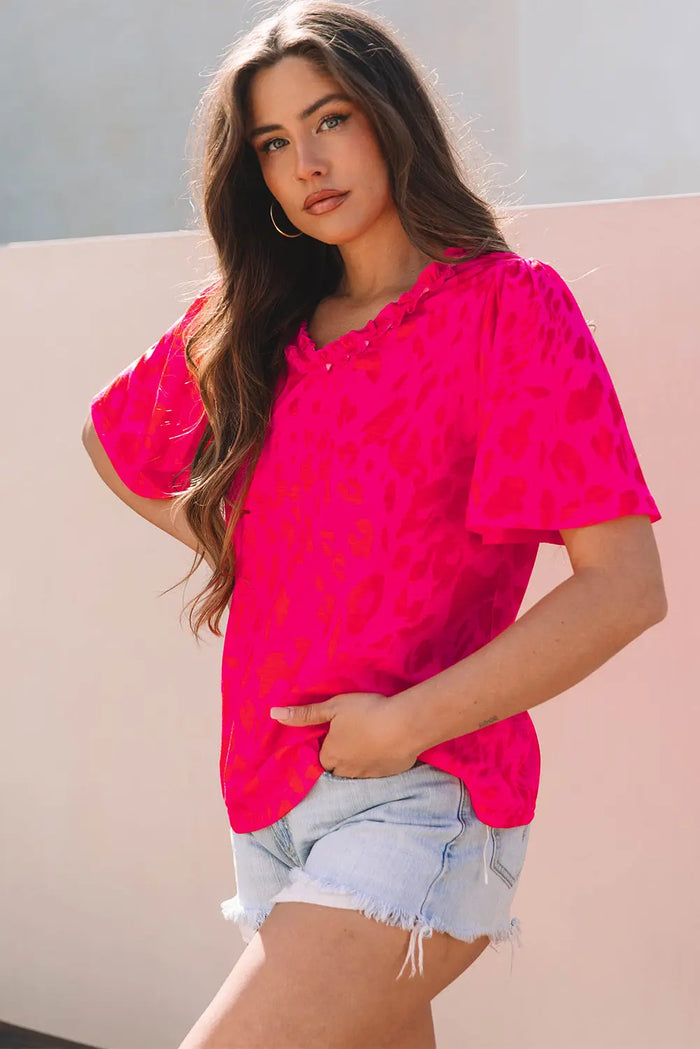Rose Leopard Frilly V Neck Short Sleeve Blouse - Tops/Blouses & Shirts