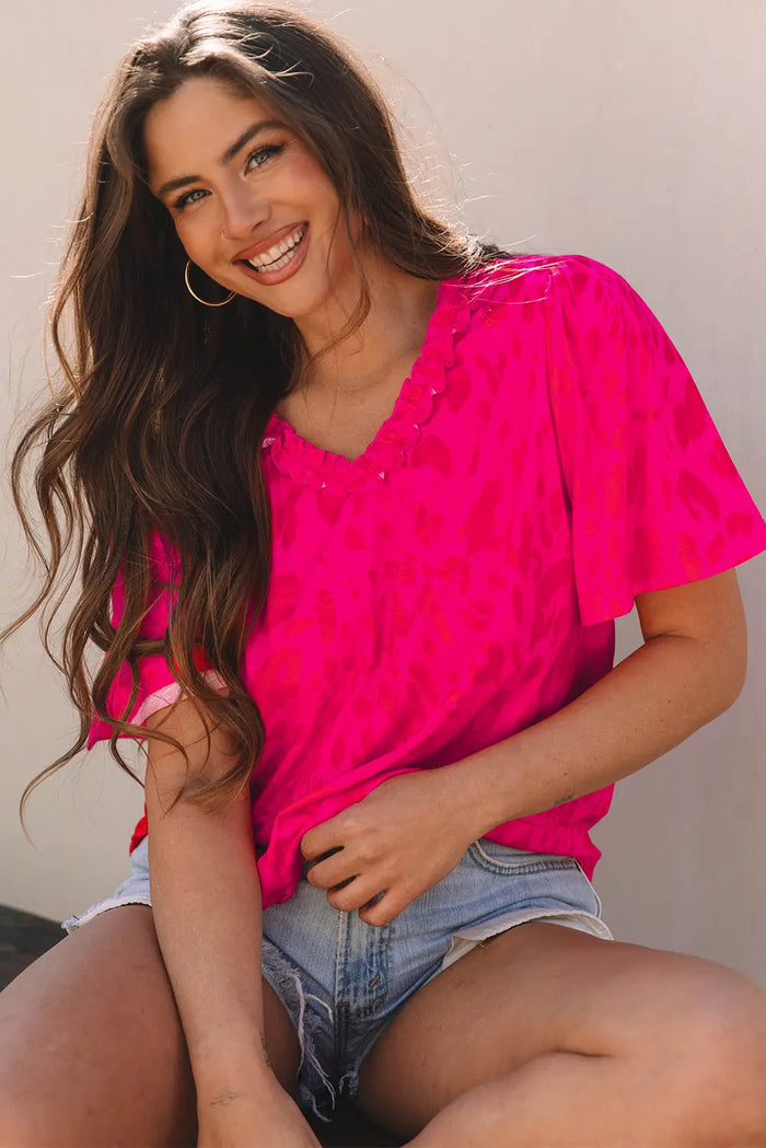 Rose Leopard Frilly V Neck Short Sleeve Blouse - Tops/Blouses & Shirts