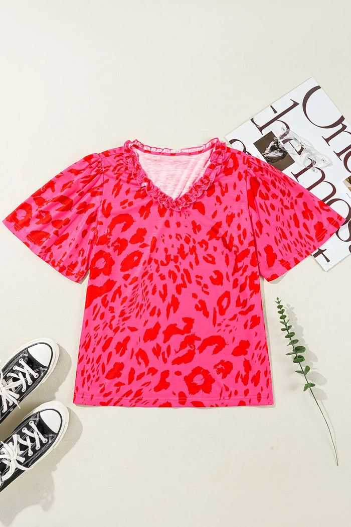 Rose Leopard Frilly V Neck Short Sleeve Blouse - Tops/Blouses & Shirts