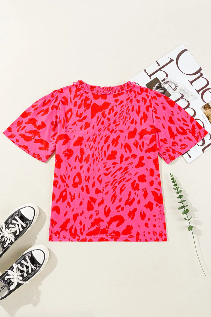Rose Leopard Frilly V Neck Short Sleeve Blouse - Tops/Blouses & Shirts