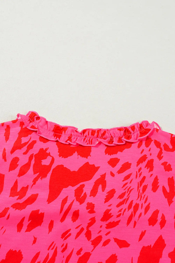 Rose Leopard Frilly V Neck Short Sleeve Blouse - Tops/Blouses & Shirts