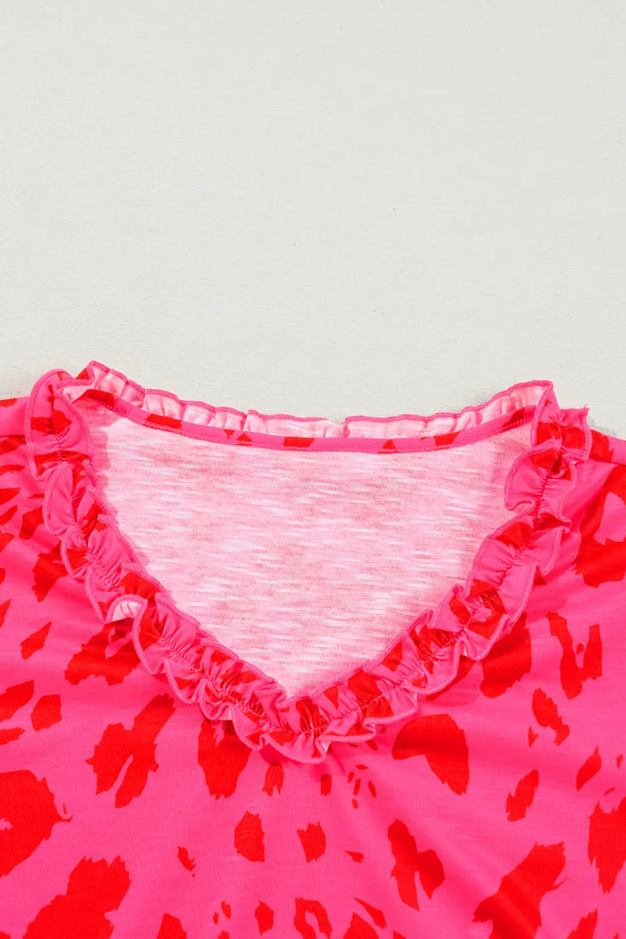 Rose Leopard Frilly V Neck Short Sleeve Blouse - Tops/Blouses & Shirts