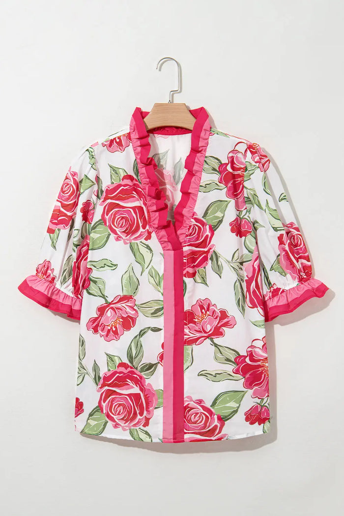 Rose Plus Size Floral Print Frilled Stripes Detail Short Sleeve Blouse - 1X - Size/Plus Tops/Plus Blouses & Shirts