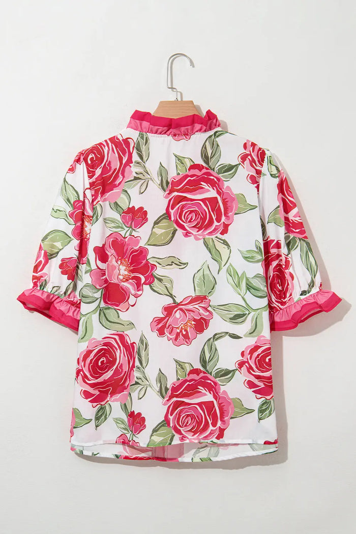 Rose Plus Size Floral Print Frilled Stripes Detail Short Sleeve Blouse - Size/Plus Tops/Plus Blouses & Shirts