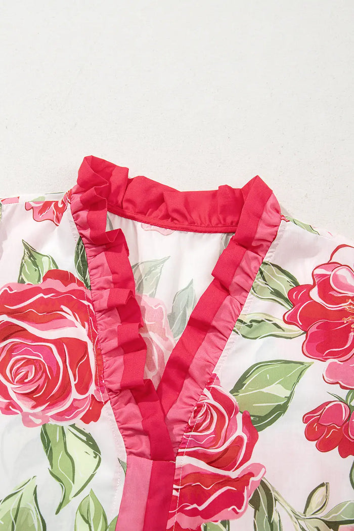 Rose Plus Size Floral Print Frilled Stripes Detail Short Sleeve Blouse - Size/Plus Tops/Plus Blouses & Shirts