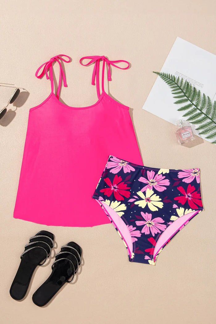 Rose Red Tie Shoulder Floral Print Cute Tankini Set - Swimwear/Tankinis