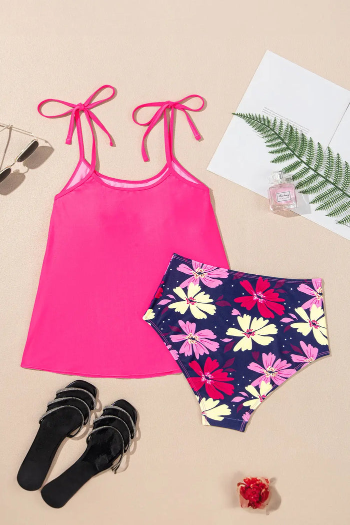 Rose Red Tie Shoulder Floral Print Cute Tankini Set - Swimwear/Tankinis
