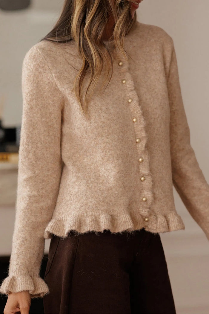 Ruffle Trim Gold Button Sweater Cardigan