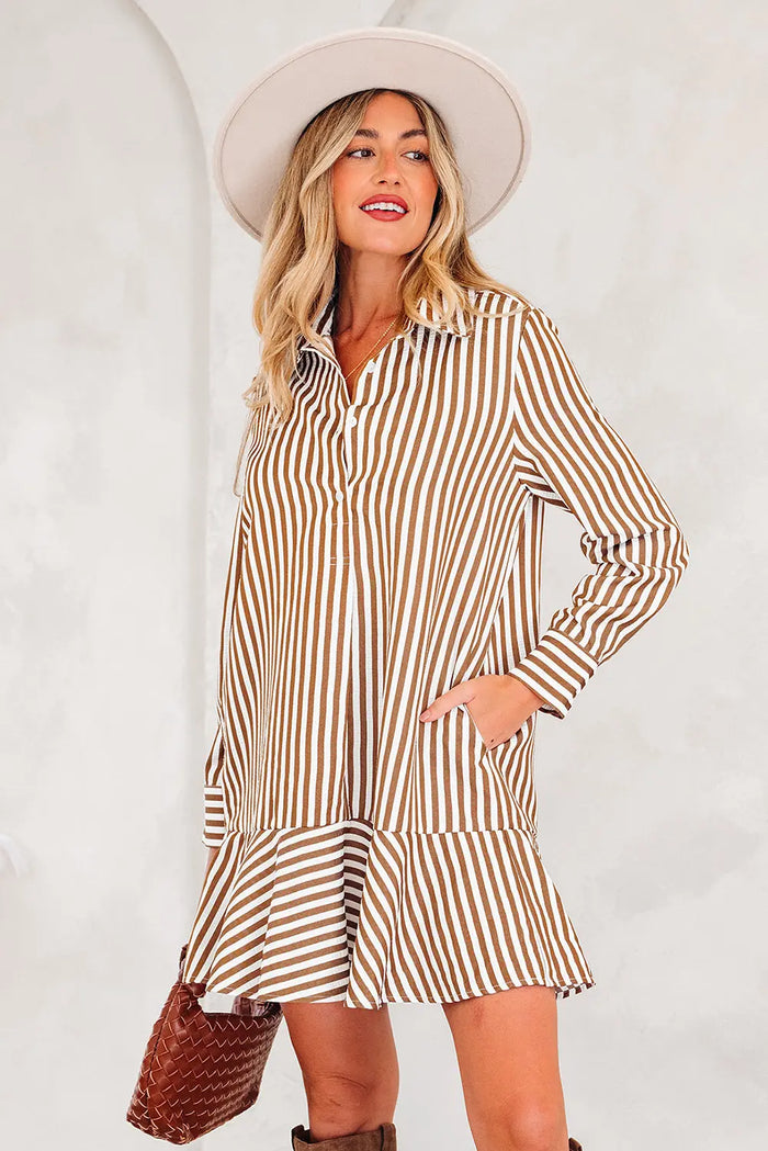 Ruffled Hem Collared Long Sleeve Shirt Mini Dress - Brown / S - Dresses/Mini Dresses