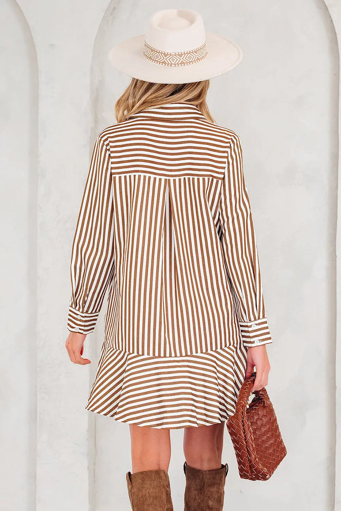Ruffled Hem Collared Long Sleeve Shirt Mini Dress - Dresses/Mini Dresses