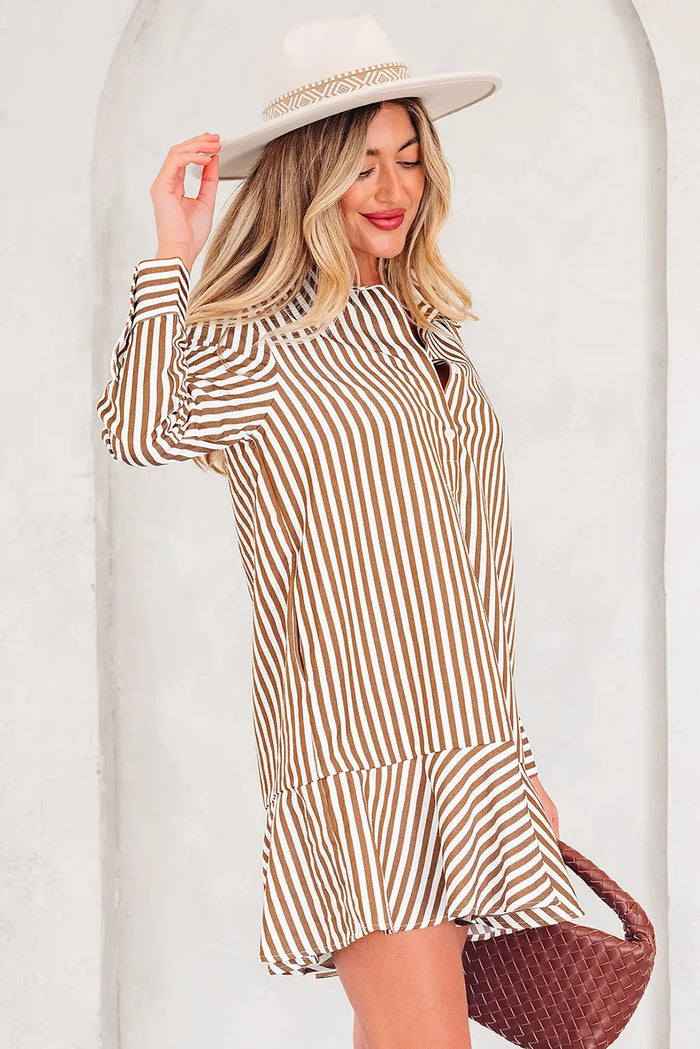 Ruffled Hem Collared Long Sleeve Shirt Mini Dress - Dresses/Mini Dresses