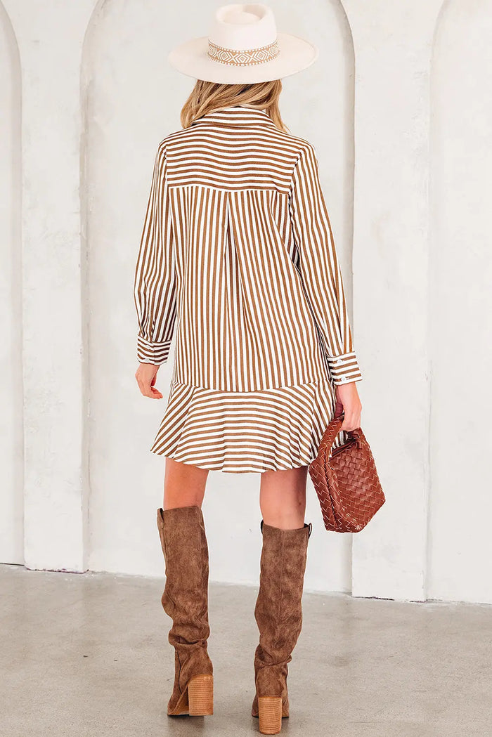 Ruffled Hem Collared Long Sleeve Shirt Mini Dress - Dresses/Mini Dresses