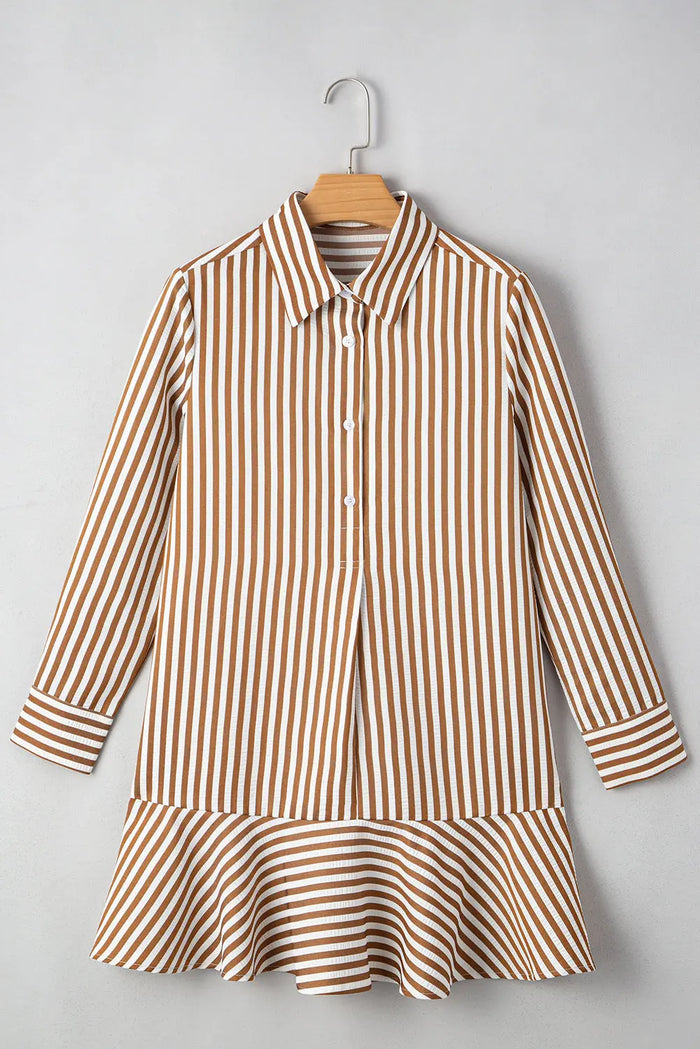 Ruffled Hem Collared Long Sleeve Shirt Mini Dress - Dresses/Mini Dresses