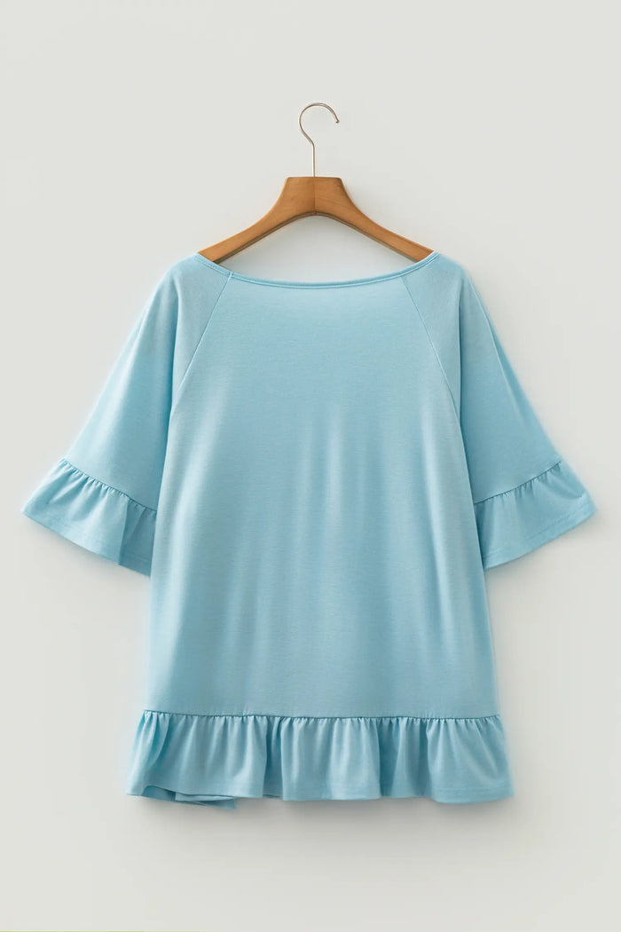 Ruffled Short Sleeve Plus Size Casual Blouse – Light Blue