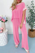 Sachet Pink 2-tone Patchwork Ribbed Co-ord Outfit - S / 75% Polyester + 20% Viscose + 5% Elastane - Two Piece Sets/Pant