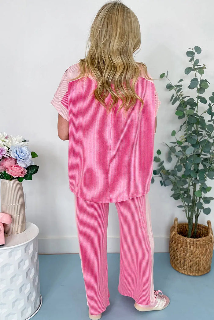 Sachet Pink 2-tone Patchwork Ribbed Co-ord Outfit - Two Piece Sets/Pant Sets