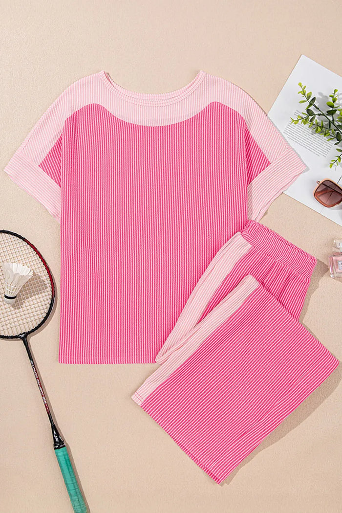 Sachet Pink 2-tone Patchwork Ribbed Co-ord Outfit - Two Piece Sets/Pant Sets