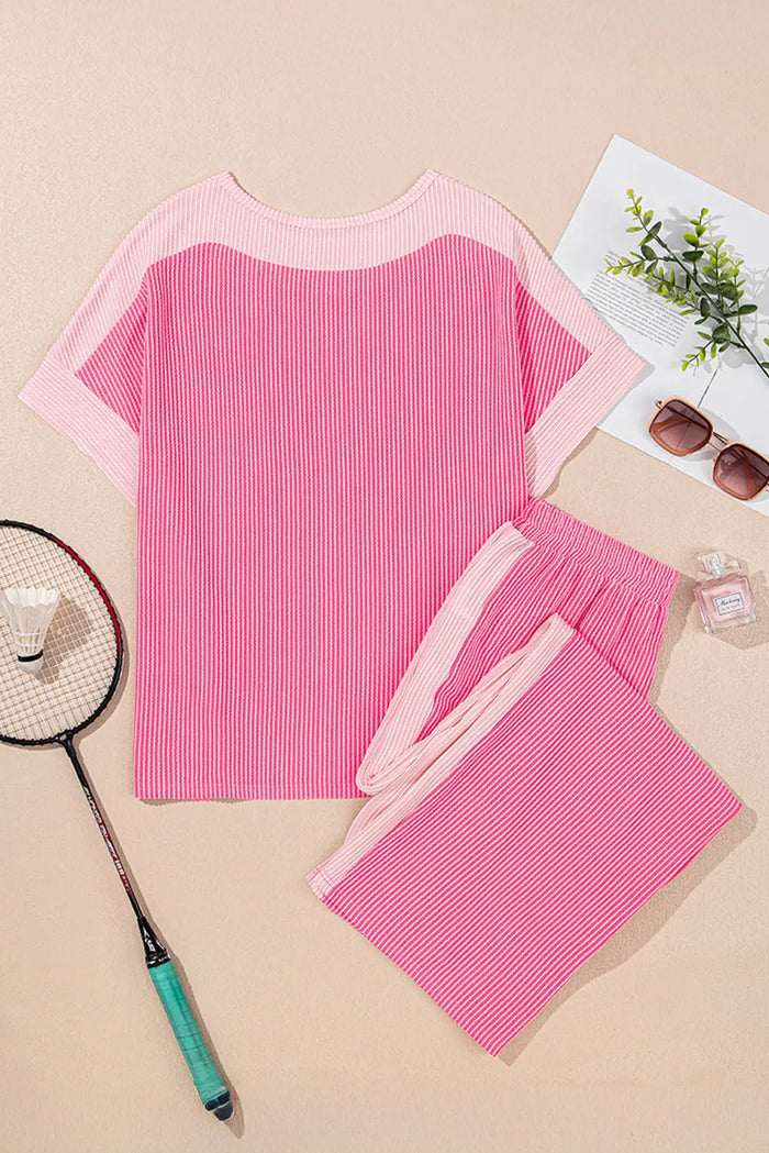 Sachet Pink 2-tone Patchwork Ribbed Co-ord Outfit - Two Piece Sets/Pant Sets