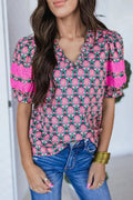 Sachet Pink V-Neck Ruffle Abstract Floral Print Puff Sleeve Top - S / 100% Polyester - Tops/Blouses & Shirts