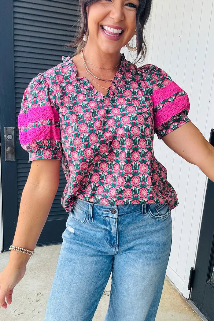 Sachet Pink V-Neck Ruffle Abstract Floral Print Puff Sleeve Top - Tops/Blouses & Shirts