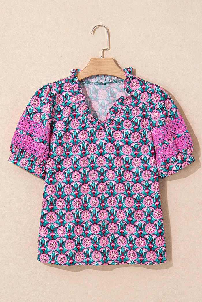 Sachet Pink V-Neck Ruffle Abstract Floral Print Puff Sleeve Top - Tops/Blouses & Shirts