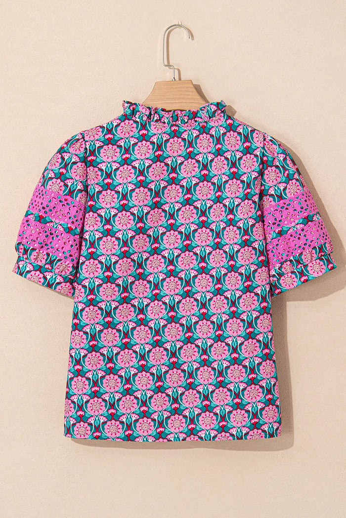 Sachet Pink V-Neck Ruffle Abstract Floral Print Puff Sleeve Top - Tops/Blouses & Shirts