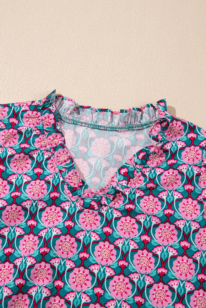Sachet Pink V-Neck Ruffle Abstract Floral Print Puff Sleeve Top - Tops/Blouses & Shirts