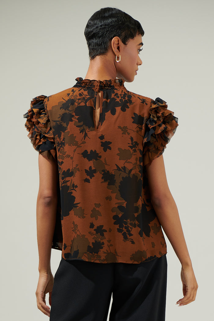 Sandy Floral Brenna Mock Neck Ruffle Blouse
